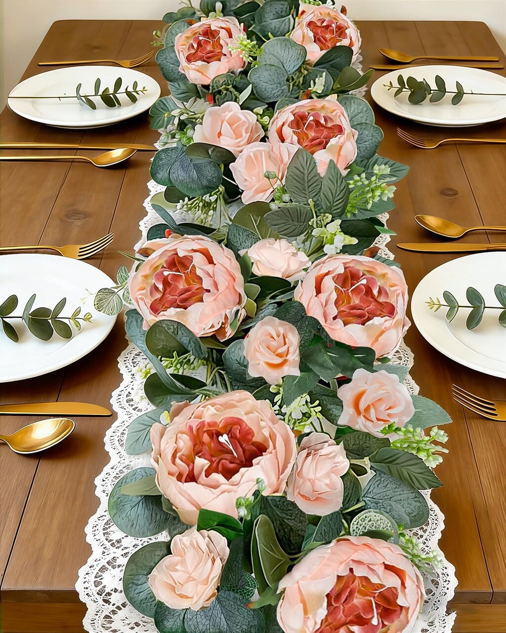 Spring Floral Garlands 2 Pack 13FT – Artificial Eucalyptus Garland with Peony & Rose Flowers, Pink Floral Vine Greenery Garland for Mantel, Wedding Arch, Table Runner, Backdrop Home Decor